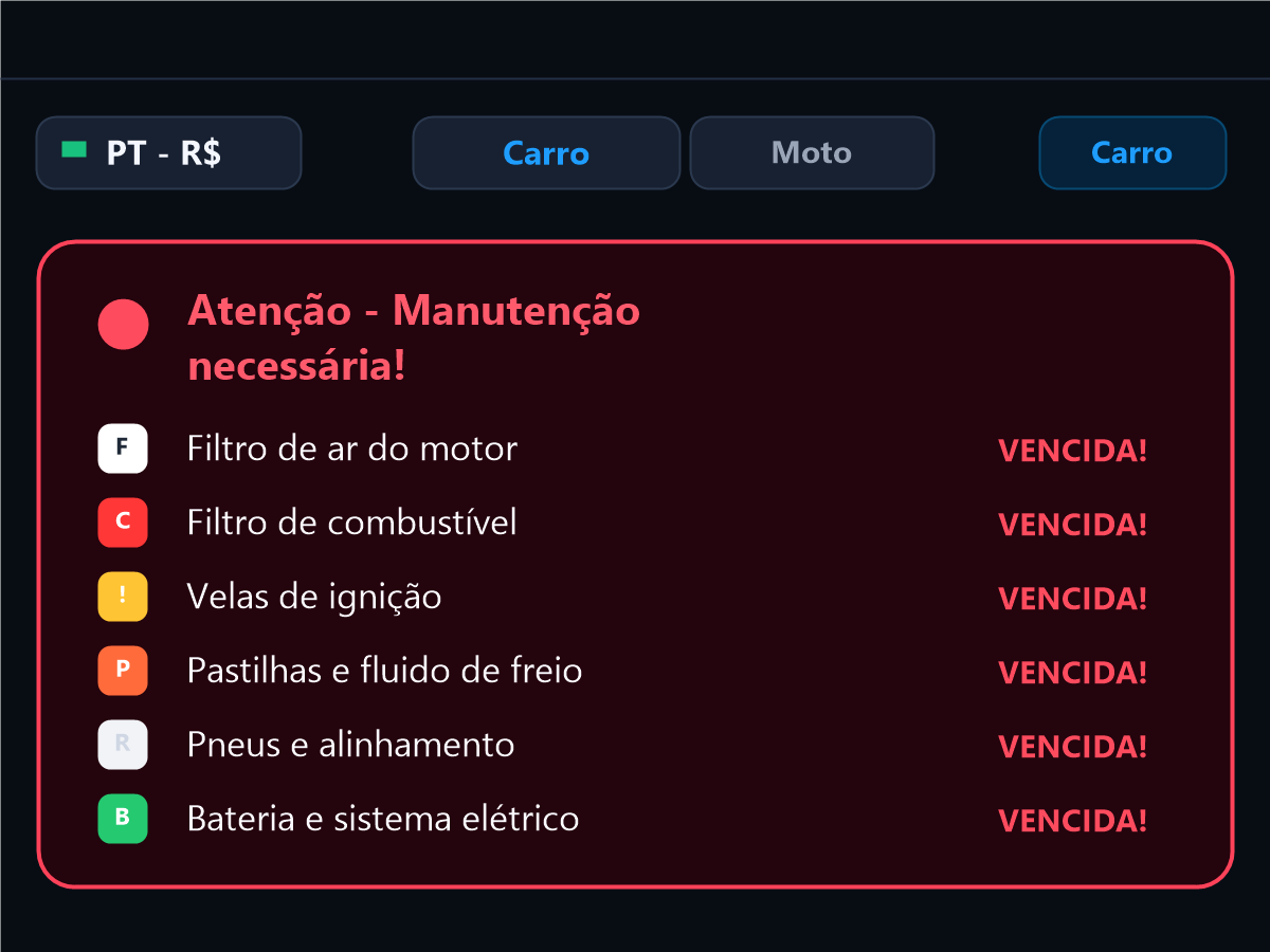 Tela do DriverIA mostrando alerta de manutencao necessaria com itens vencidos